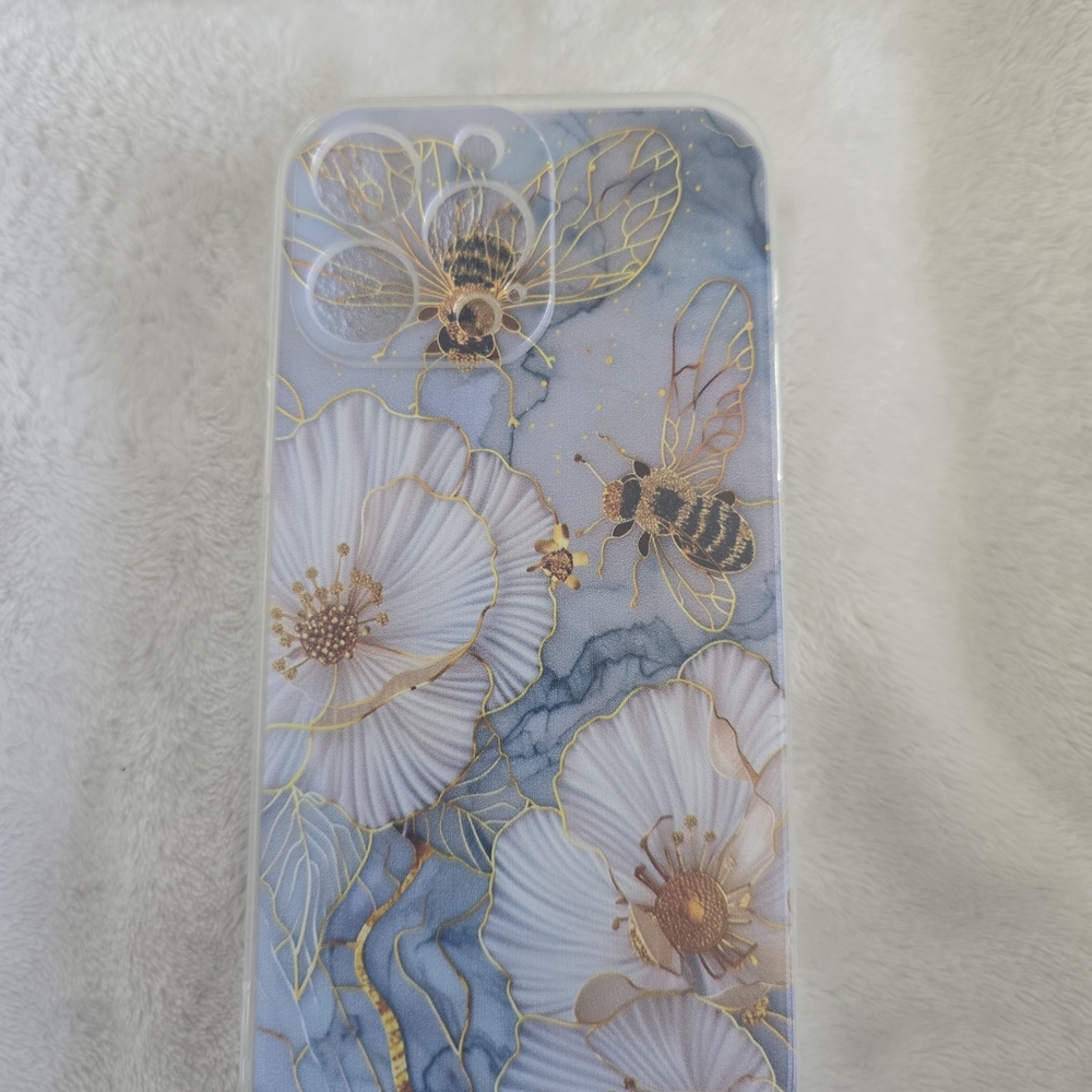 Blue Floral Bee iPhone 14 Pro Max Case with Gold Detail | Aesthetic Protective C